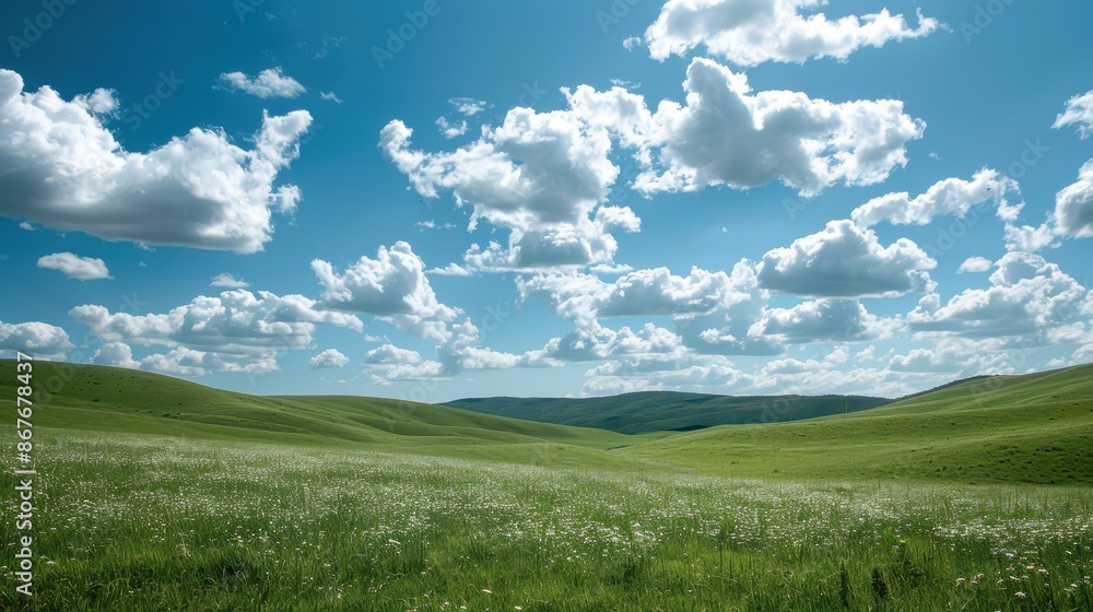 Tranquil Rolling Hills and Meadows Landscape under Clear Sky with Fluffy Clouds Tranquil Rolling Hills and Meadows Landscape under Clear Sky with Fluffy Clouds