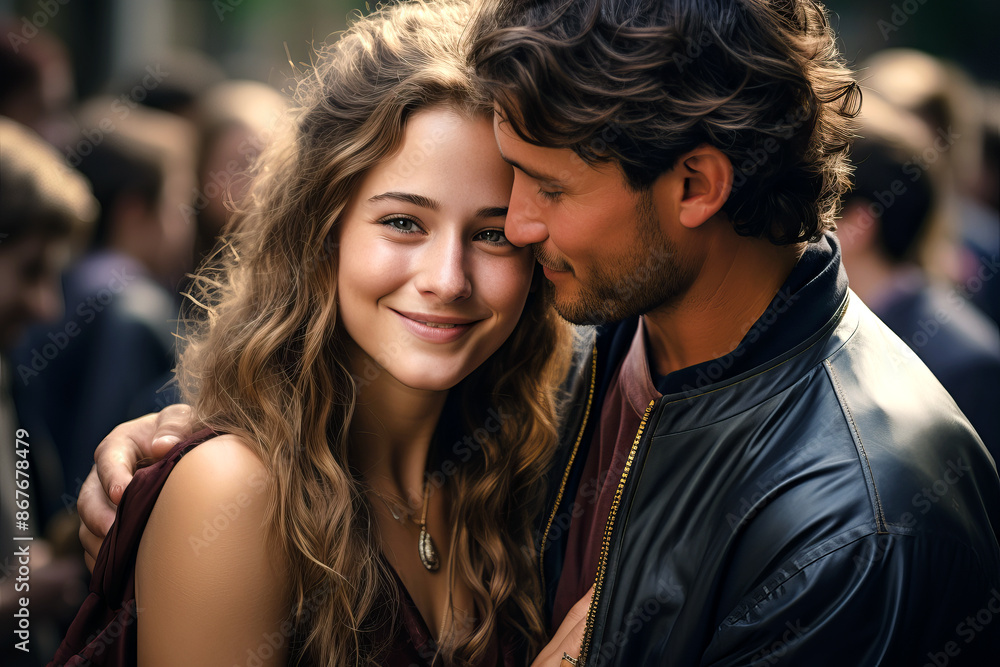A happy young couple, dressed in casual attire, sharing an intimate moment and smiling warmly at the camera in an outdoor setting. A happy young couple, dressed in casual attire, sharing an intimate moment and smiling warmly at the camera in an outdoor setting.