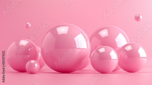 A row of pink spheres are arranged on a pink background. Scene is one of simplicity and elegance, with the pink background © Nataliia_Trushchenko