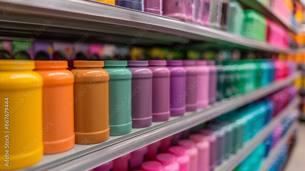 A colorful display of paint cans on a shelf. The colors are bright and vibrant, creating a cheerful and lively atmosphere A colorful display of paint cans on a shelf. The colors are bright and vibrant, creating a cheerful and lively atmosphere