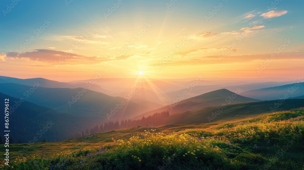 Obraz premium Scenic mountain sunrise with space for text