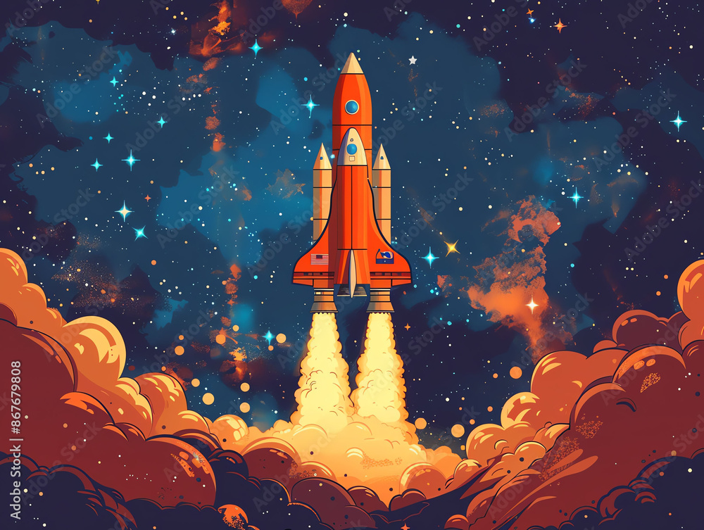 Illustration of a red rocket blasting off into a starry night sky with bright clouds and cosmic background, symbolizing adventure and exploration. Illustration of a red rocket blasting off into a starry night sky with bright clouds and cosmic background, symbolizing adventure and exploration.