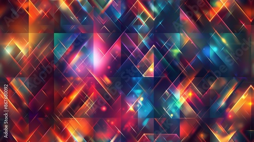 A dazzling background wallpaper featuring geometric triangles with vibrant lights and colors © qorqudlu