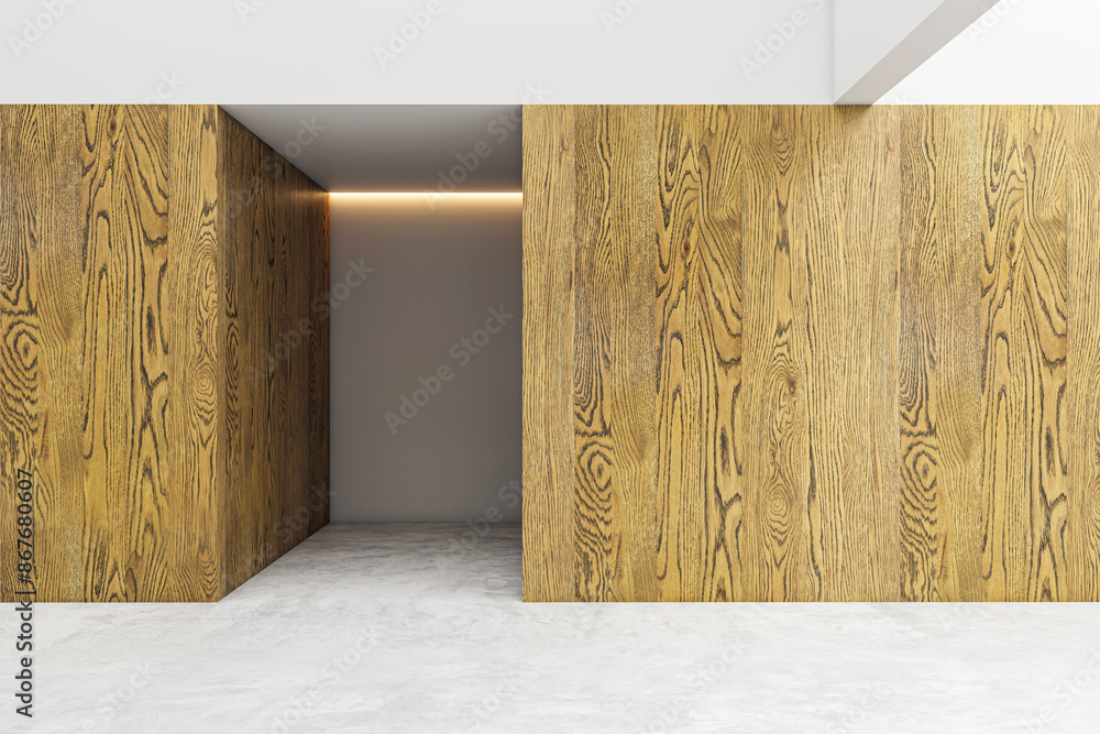 Modern gallery corner with wooden walls, white floor, and LED lighting, showcasing a minimalist design concept. 3D Rendering