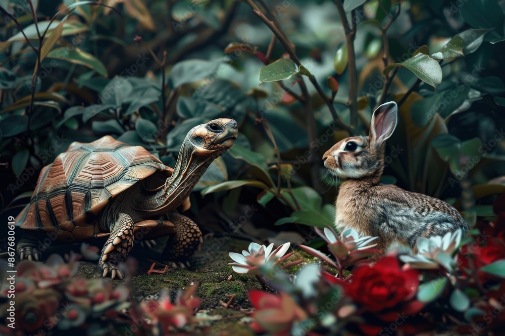 Obraz premium In a twist of fate, a tortoise leads the race against the hare, embodying strategy and leadership in an unexpected turn of events