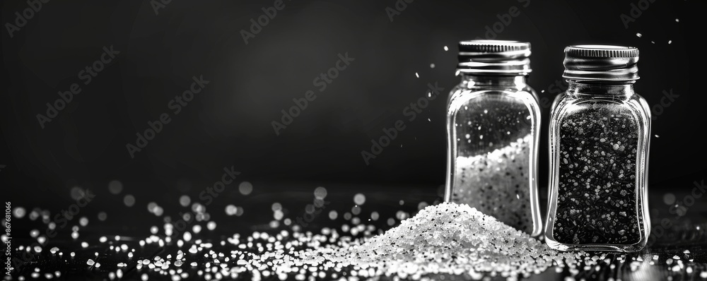 Salt and pepper shakers with spilled contents on dark background, black and white kitchen scene Salt and pepper shakers with spilled contents on dark background, black and white kitchen scene