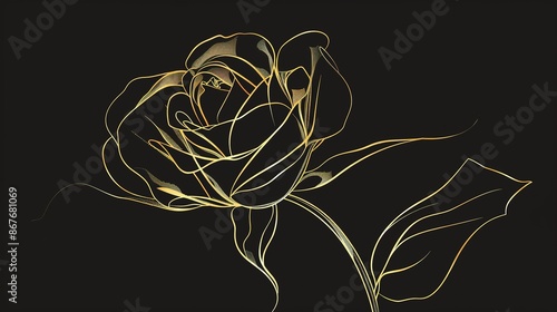 A rose is depicted by golden lines against a black background photo