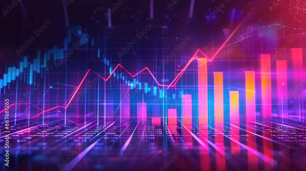 Colorful financial data charts with bar graphs and line graphs representing stock market analysis Colorful financial data charts with bar graphs and line graphs representing stock market analysis