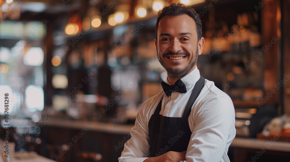 portrait of a smiling waiter in a restaurant portrait of a smiling waiter in a restaurant
