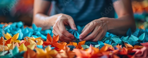 An artist crafting delicate origami creations, folding and shaping colorful paper into intricate designs.
