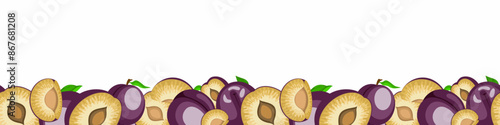 plum border. a lot of ripe juicy plums lie in a horizontal strip at the bottom. A banner with sweet purple fruits in whole and pieces in cartoon style.