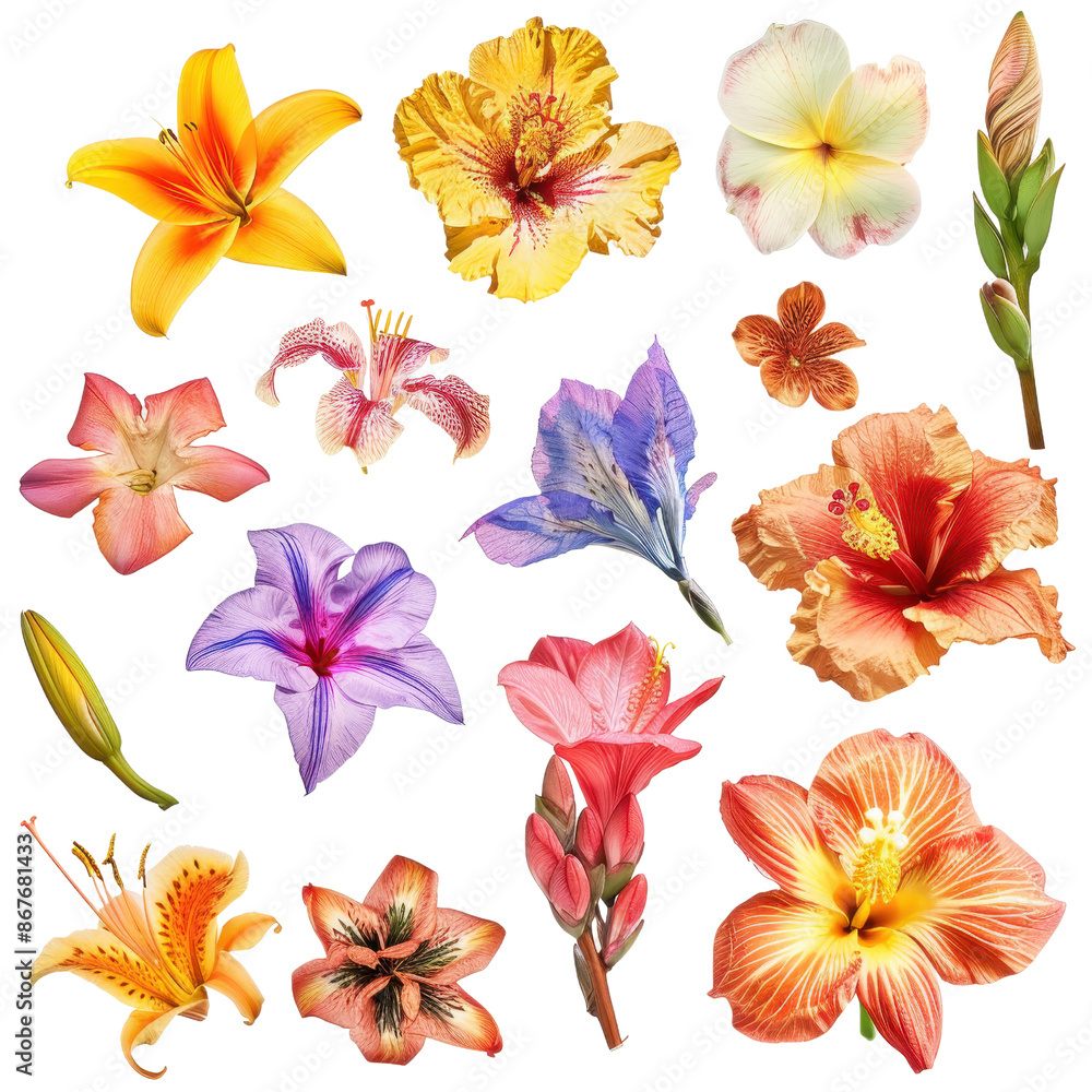 Fototapeta premium Beautiful collection of colorful exotic flowers. Perfect for botanical designs, nature themes, and floral decorations.