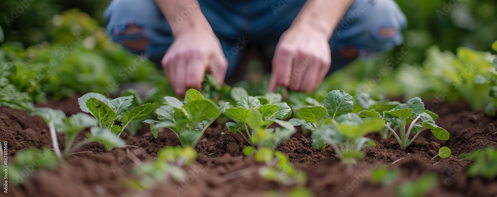 A gardener planting rows of vibrant vegetables in a community garden, nurturing each seedling with care. A gardener planting rows of vibrant vegetables in a community garden, nurturing each seedling with care.