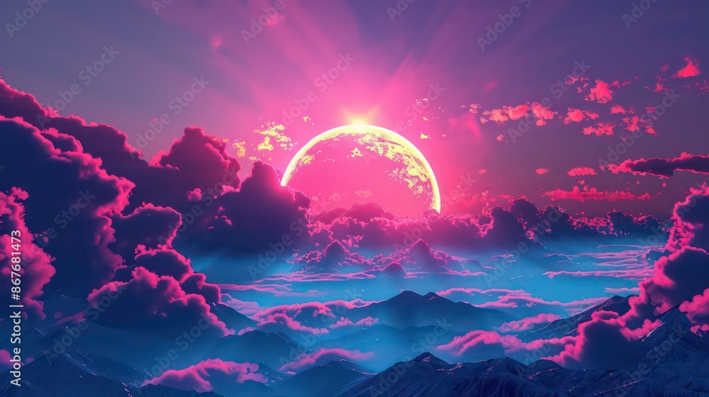 Neon sunset clouds beautiful landscape background. Generative AI Neon sunset clouds beautiful landscape background. Generative AI