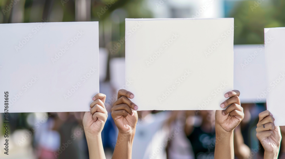 Protesters holding blank political poster banners. Empty protest banner template Protesters holding blank political poster banners. Empty protest banner template