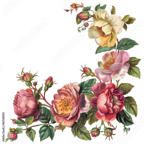 Beautiful vintage floral illustration with pink and yellow roses and green leaves, perfect for decorative and design projects.