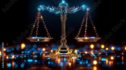 Illuminated scales of justice with bokeh lights on dark background, futuristic technology concept