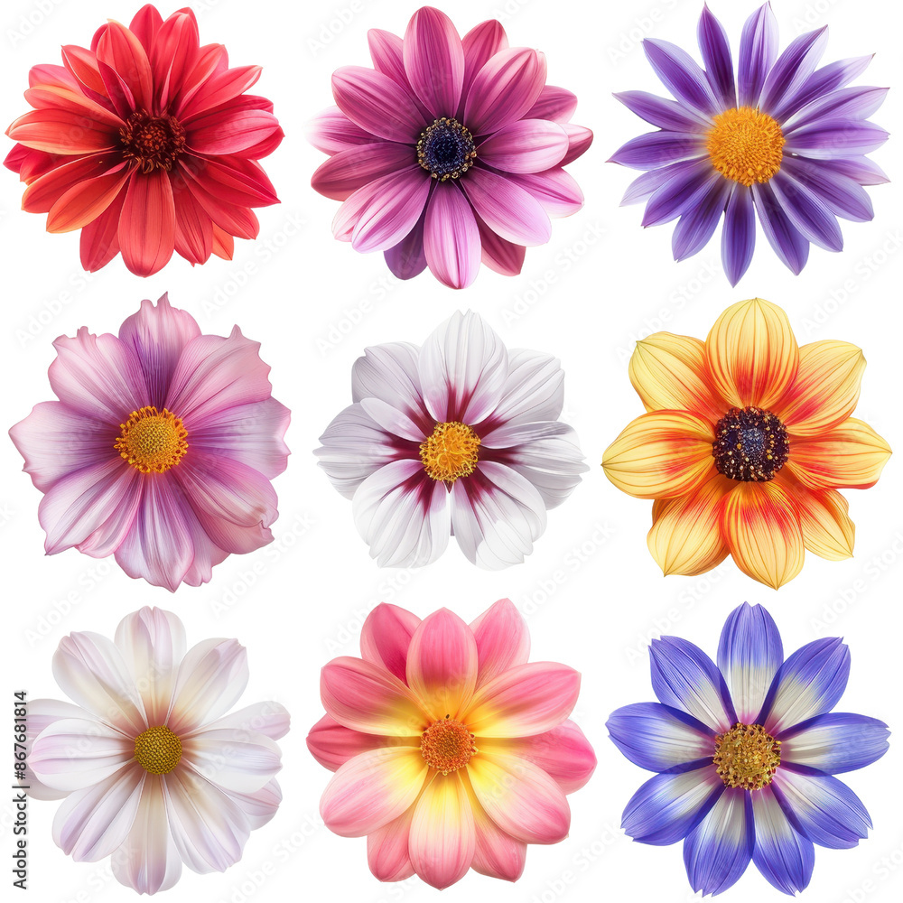 Collection of vibrant, multicolored flowers displayed in a grid arrangement, showcasing various petal patterns and hues. Collection of vibrant, multicolored flowers displayed in a grid arrangement, showcasing various petal patterns and hues.
