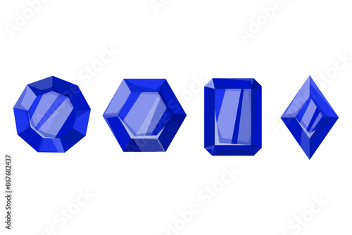 Set of blue gemstones in flat style. Sapphires. Set of sapphire crystals. Vector cartoon flat illustration.
