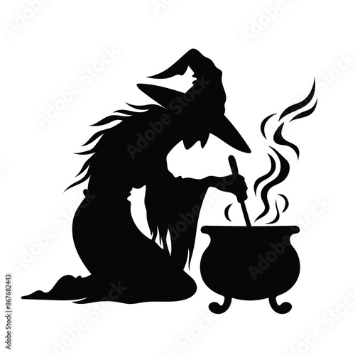 Black and white silhouette of a witch brewing a potion. Halloween. Holiday decor. Black and white evil witch. Fairytale character.