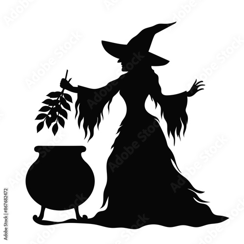 Black and white silhouette of a witch brewing a potion. Halloween. Holiday decor. Black and white evil witch. Fairytale character.