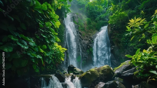 Serene Cascading Waterfall Oasis in Lush Foliage Paradise