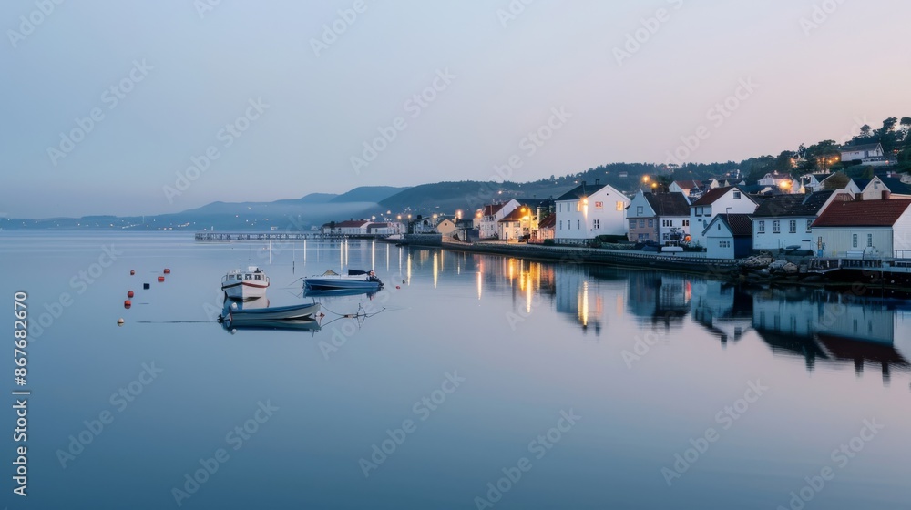 A panoramic view of a coastal town at dusk, with twinkling lights from houses and boats reflecting on the calm sea. A panoramic view of a coastal town at dusk, with twinkling lights from houses and boats reflecting on the calm sea.