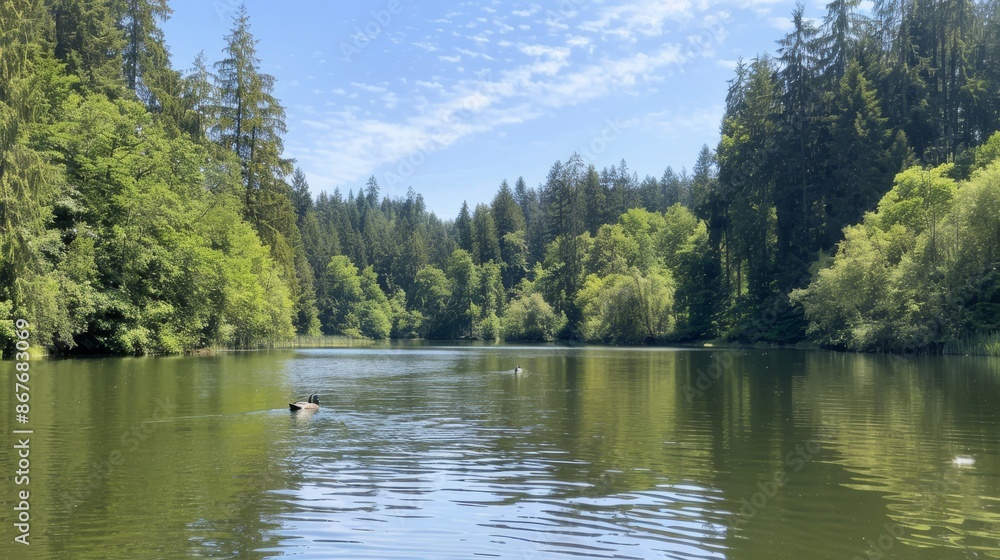 A serene lake surrounded by dense forest, with a family of ducks gliding across the still water, framed by towering trees and a clear blue sky. A serene lake surrounded by dense forest, with a family of ducks gliding across the still water, framed by towering trees and a clear blue sky.