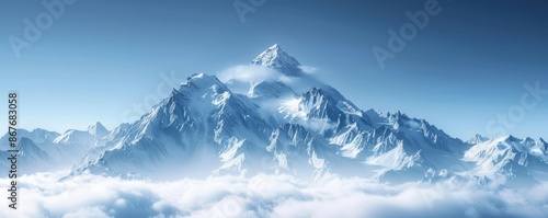 A snow-capped mountain peak piercing the clouds, its slopes covered in a blanket of fresh snow.