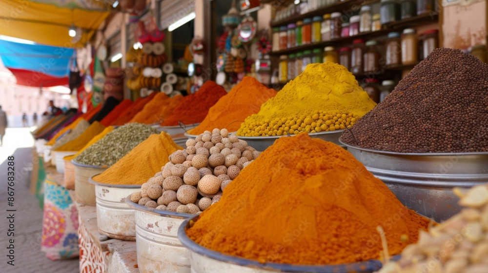 Fototapeta premium A vibrant market scene in Marrakech, with colorful spices, textiles, and bustling vendors, capturing the essence of the local culture and lifestyle.