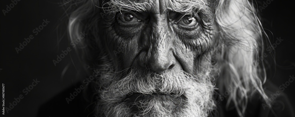 Black and white portrait of old man with long white hair and wrinkles on his wise face. Black and white portrait of old man with long white hair and wrinkles on his wise face.