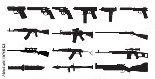 set of guns or weapon such of pistols, AK-47, rocket launcher, etc. vector stock illustration.