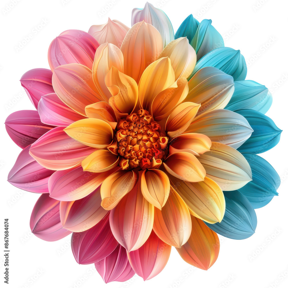Vibrantly colored abstract flower with a blend of pink, orange, yellow, and blue petals, creating a vivid and eye-catching design. Vibrantly colored abstract flower with a blend of pink, orange, yellow, and blue petals, creating a vivid and eye-catching design.