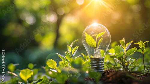 Incandescent light bulb and green sprout. Green energy concept. Preserving the environment and reducing the impact on nature. Business development. Energy efficiency