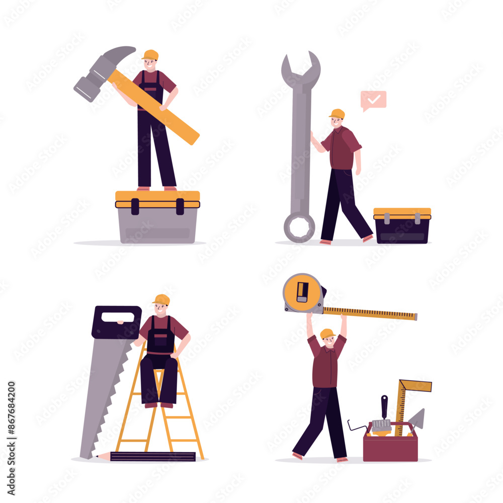 Home repair, set of various repairmen with toolkit. Builders and building hand tools for repair. Four worker man, repair service. Home repair, set of various repairmen with toolkit. Builders and building hand tools for repair. Four worker man, repair service.