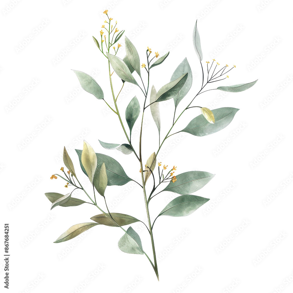 Watercolor illustration of eucalyptus twig with green leaves and yellow flowers, perfect for natural and botanical designs. Watercolor illustration of eucalyptus twig with green leaves and yellow flowers, perfect for natural and botanical designs.