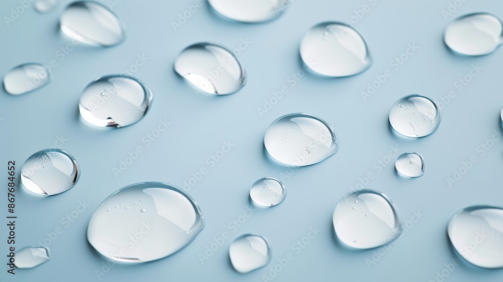 Clear water droplets scattered on a smooth blue surface, intricate detail, serene and clean, macro view Clear water droplets scattered on a smooth blue surface, intricate detail, serene and clean, macro view