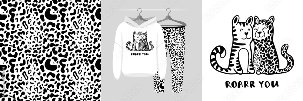 Seamless pattern and illustration for kid - tiger and leopard. Best friends bundle. Roarr you text. Cute design pajamas. Baby background for fashion t-shirt print, birthday invitation card, wrapping Seamless pattern and illustration for kid - tiger and leopard. Best friends bundle. Roarr you text. Cute design pajamas. Baby background for fashion t-shirt print, birthday invitation card, wrapping
