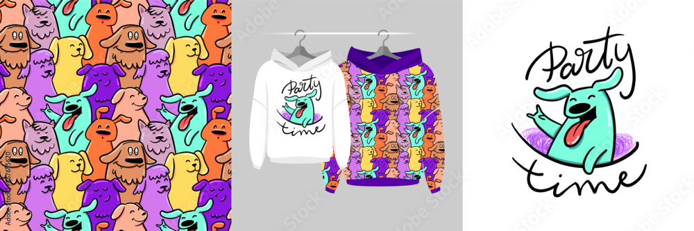 Seamless pattern and illustration set with company of cute funny dogs. Party time text. Cool design Hoodie, background for apparel, room decor, tee prints, baby shower, fabric design, wrapping Seamless pattern and illustration set with company of cute funny dogs. Party time text. Cool design Hoodie, background for apparel, room decor, tee prints, baby shower, fabric design, wrapping