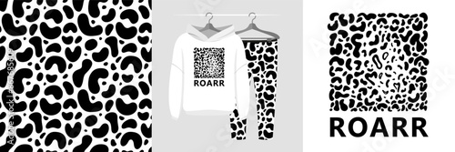 Seamless pattern and illustration set with leopard spots and Roarr text. Aesthetic design pajamas, background for apparel, room decor, tee prints, fabric, wrapping