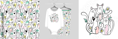 Seamless pattern and illustration for kid with the company of cute cats. Kiss you text. Cute design pajamas. Baby background for fashion t-shirt print, birthday invitation card, wrapping