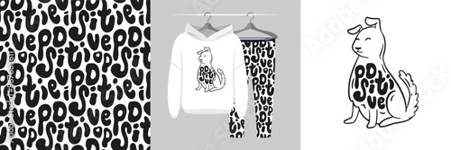 Seamless pattern and illustration for kid with happy dog. Best friends bundle. Positive text. Cute design pajamas. Baby background for fashion t-shirt print, birthday invitation card, wrapping
