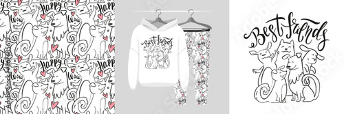 Seamless pattern and illustration set with company of cute funny hugging dogs. Best friends text. Baby design pajamas, background for apparel, room decor, tee prints, baby shower, fabric design, wrapp