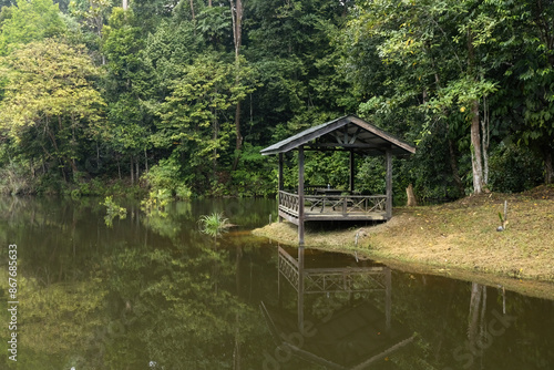 Beautiful houses on the lake in Borneo Rainforest Discovery Center Sabah Borneo Malaysia