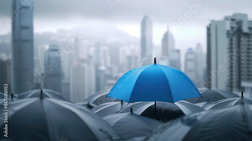 A blue umbrella stands out amidst a sea of gray umbrellas against a city backdrop, symbolizing business safety and protection concepts.