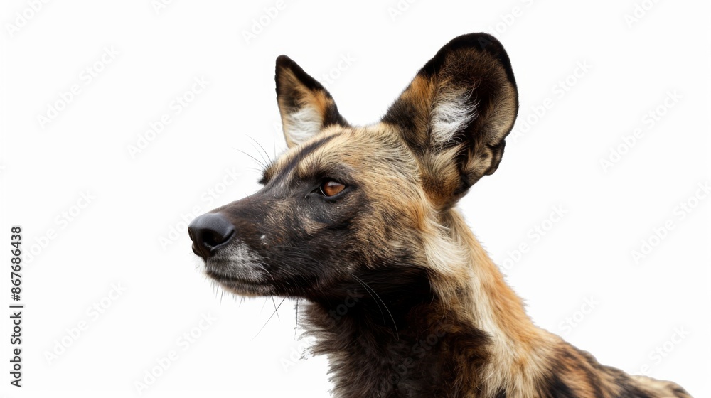 A beautiful profile image of an African wild dog with a blurred background, highlighting its unique fur patterns and alert expression while set against a minimalist backdrop. A beautiful profile image of an African wild dog with a blurred background, highlighting its unique fur patterns and alert expression while set against a minimalist backdrop.