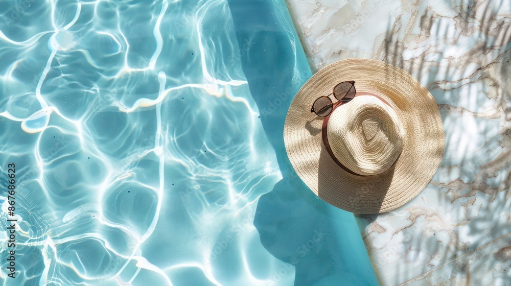 Minimalistic Fashion Scene with Sunglasses and Straw Hat by a Marble Pool, Highlighted by Wave Patterns and Light Reflections Minimalistic Fashion Scene with Sunglasses and Straw Hat by a Marble Pool, Highlighted by Wave Patterns and Light Reflections