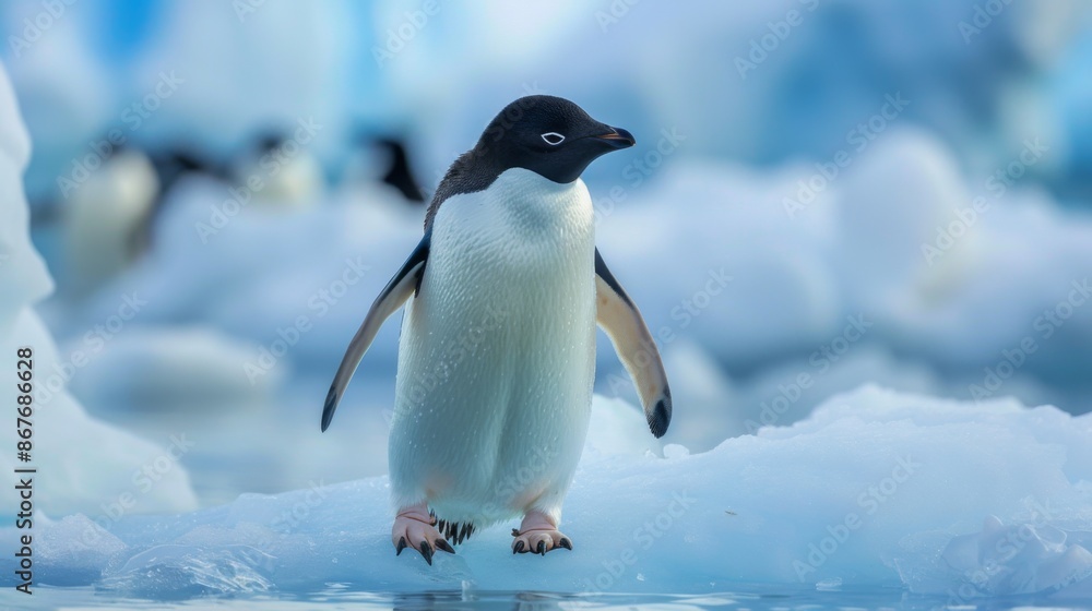 Fototapeta premium An Adélie penguin is seen standing on a piece of ice, surrounded by an icy cold blue background, signifying the harsh yet serene environment of its Antarctic habitat.