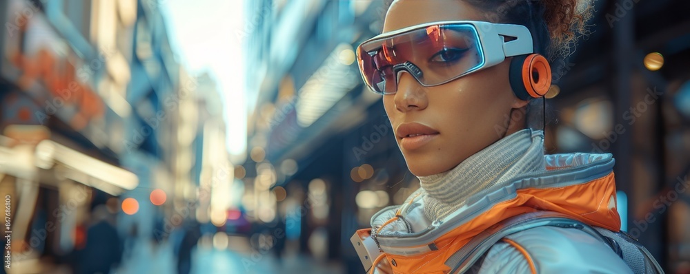 A model in an urban setting, clad in futuristic apparel powered by flexible batteries, illustrating the practical application of wearable innovation A model in an urban setting, clad in futuristic apparel powered by flexible batteries, illustrating the practical application of wearable innovation