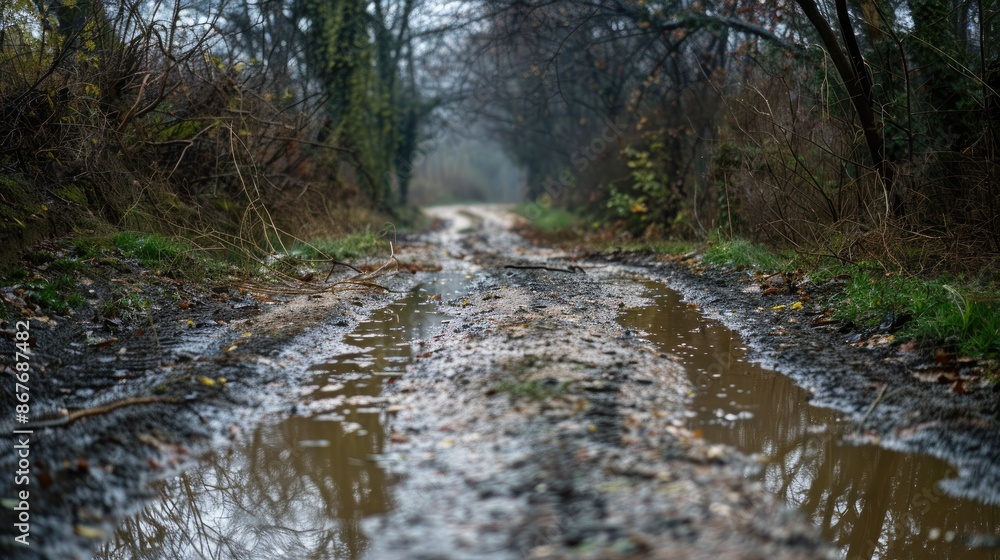 Rural muddy pathway during rainfall Rural muddy pathway during rainfall